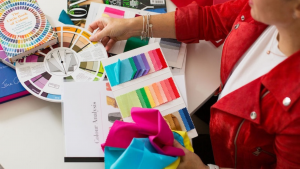 colour swatches colour wheel, book and drapes