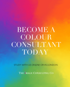Colourful gradient background with text: 'Become a Colour Consultant Today.' Additional text: 'Study with us online or in London.' Branding at the bottom: 'The Image Consulting Co