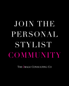 Two smiling women chatting over drinks in a café. Overlay text reads: 'Join the Personal Stylist Community.